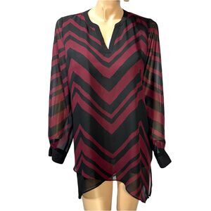 Susan Graver Tunic Blouse Size 14 Chevron Stripe Long Sleeve Pullover Sheer